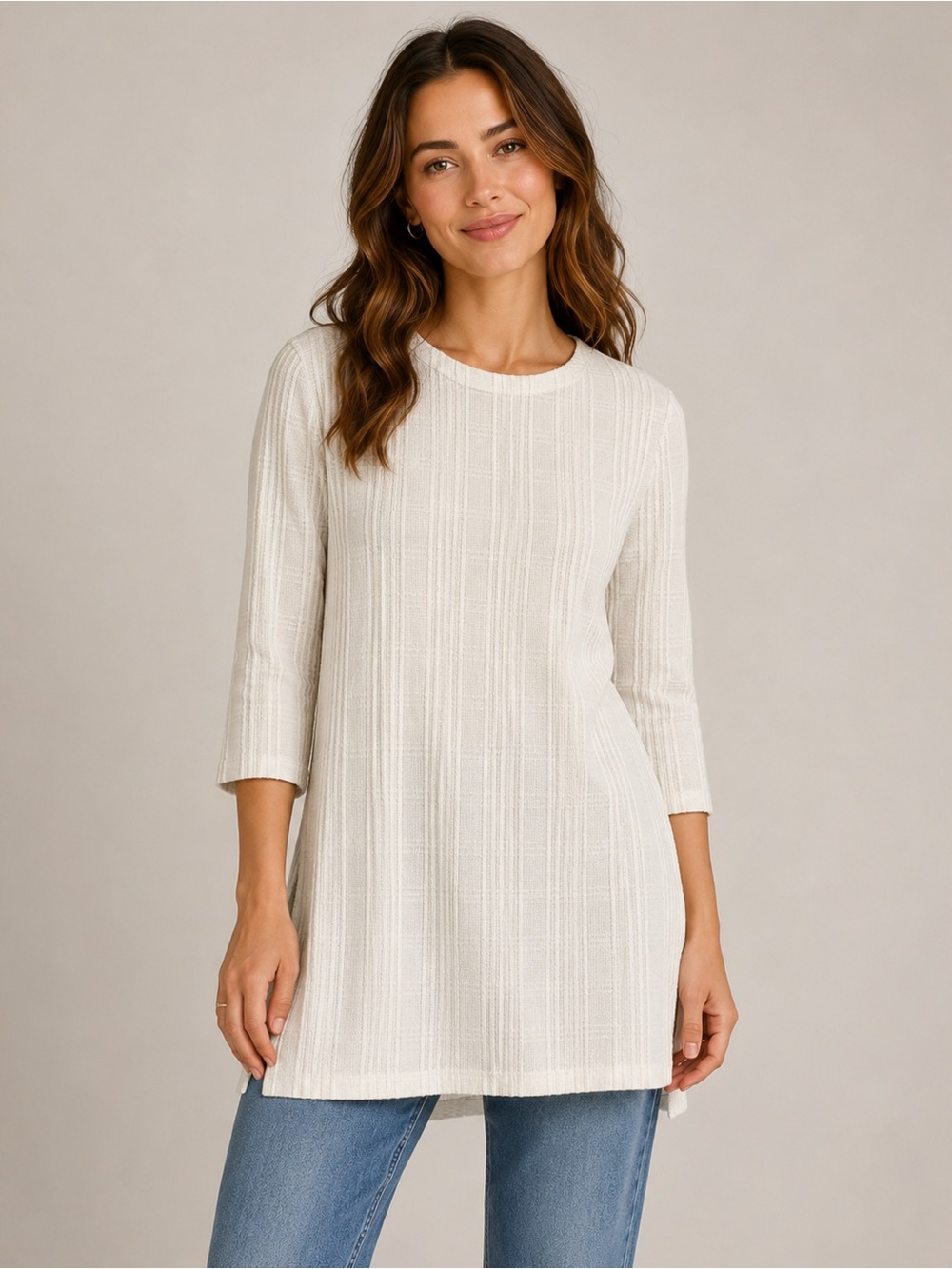 J.Jill Cream 3/4 sleeve tunic or mini dress, size small, textured pattern